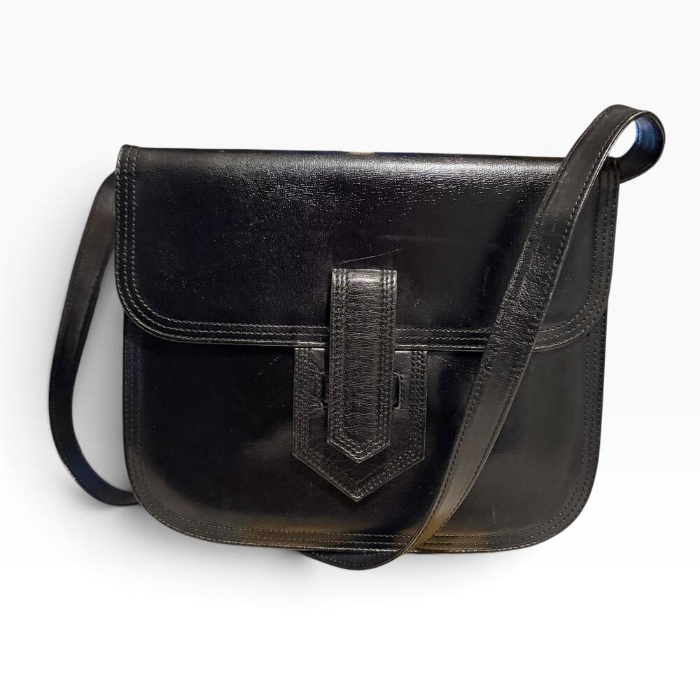 Vintage Yves Saint Laurent Black Leather Structured Flap Crossbody Bag 1980s